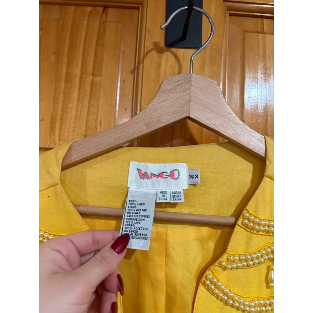 Vango Yellow Linen Beaded Puff Sleeve Blouse 16X Boho Top Read Size 16 - Image 4