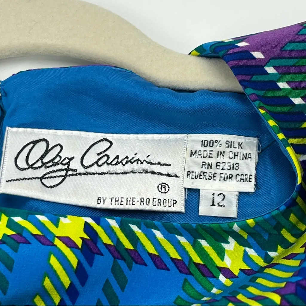 Oleg Cassini 100% Silk Blue Green Plaid Pleated Midi Dress Women Size 12 Vintage - Image 2