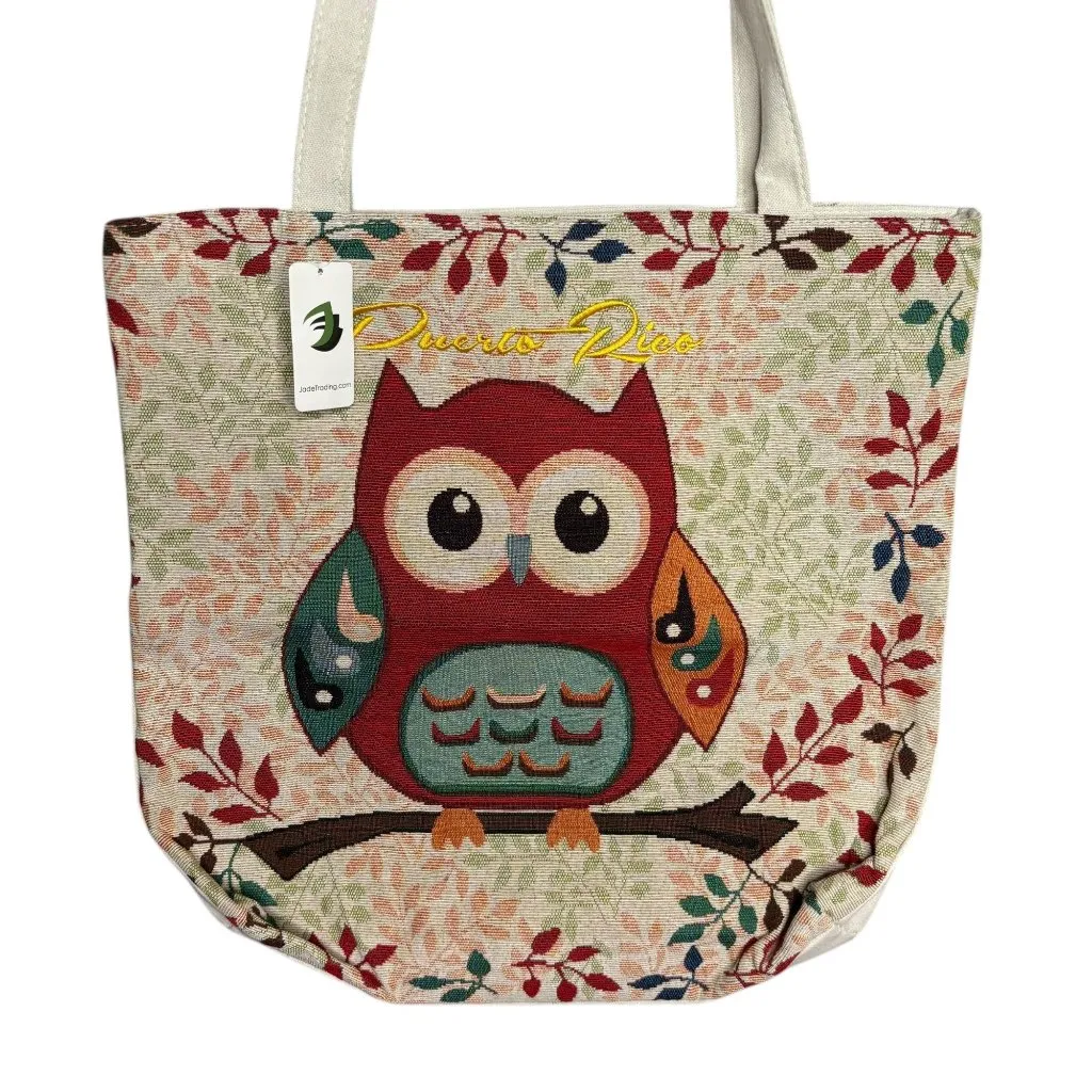 Puerto Rico Owl Canvas Tote Shoulder Bag Zipper Closure Lined Inside Pocket NEW Red - Image 2