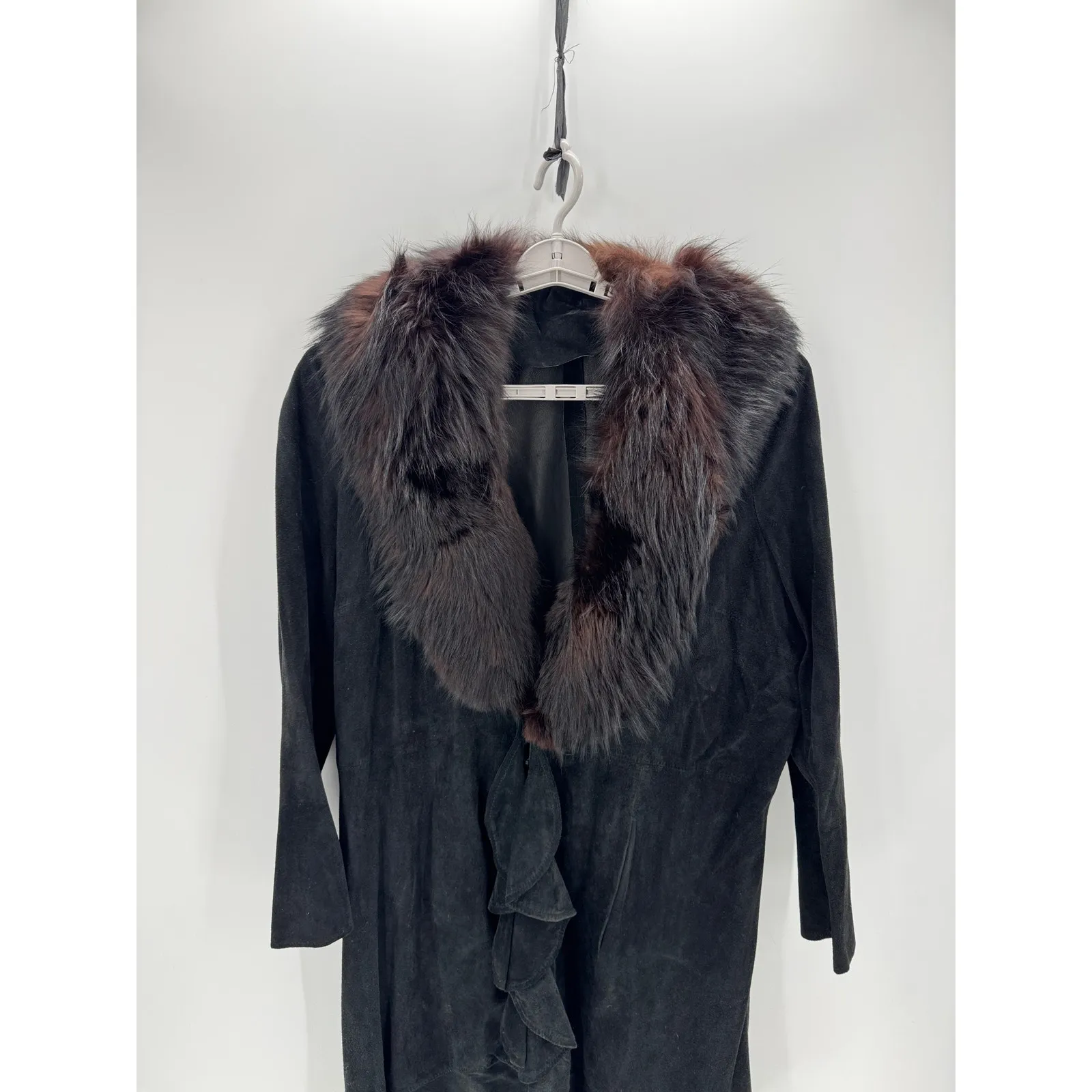 Vintage suede fur collar long coat size L western NFR skijoring cabin whimsigoth Black Size L - Image 7