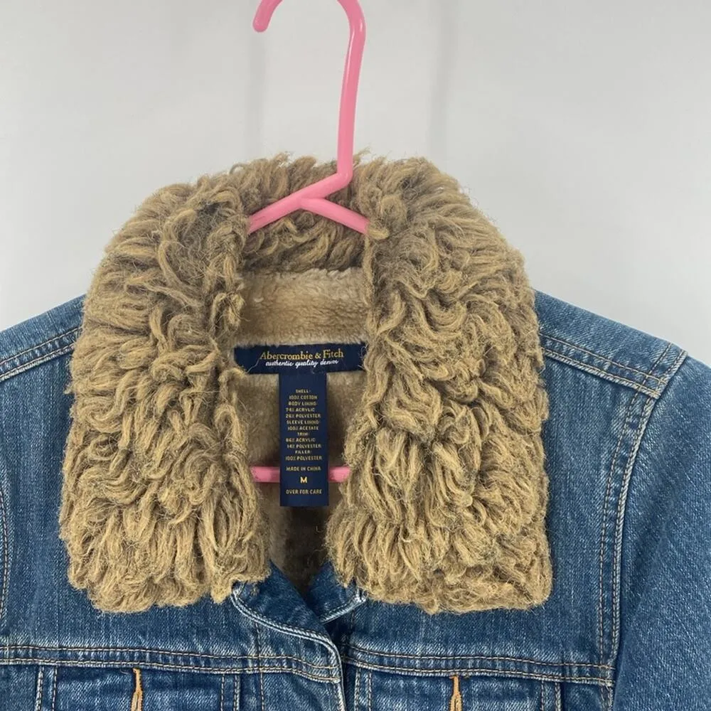 Abercrombie & Fitch denim faux fur collar fuzzy lined Y2K heavy jacket size M - Image 4
