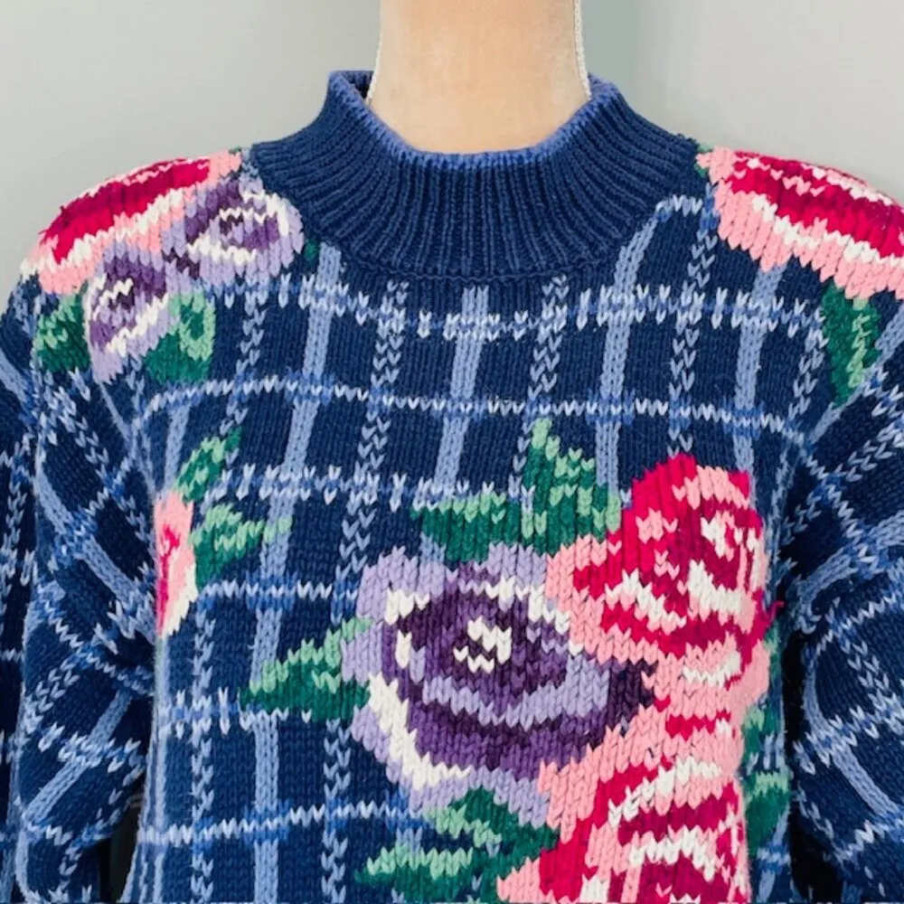 Vintage 80's Hand Knit Chunky Turtleneck Floral Cottagecore Sweater L/XL - Image 2