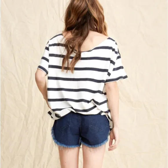 THE GREAT. The Cut Neck Tee. Bleach Stripe. 3 Blue Size L - Image 10