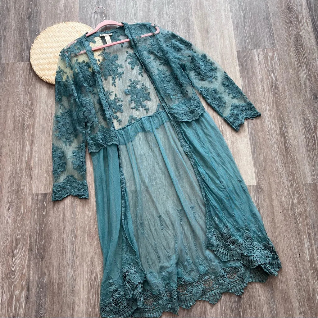 Indigo thread co mesh lace embroidered longline‎ kimono Green Size L - Image 3