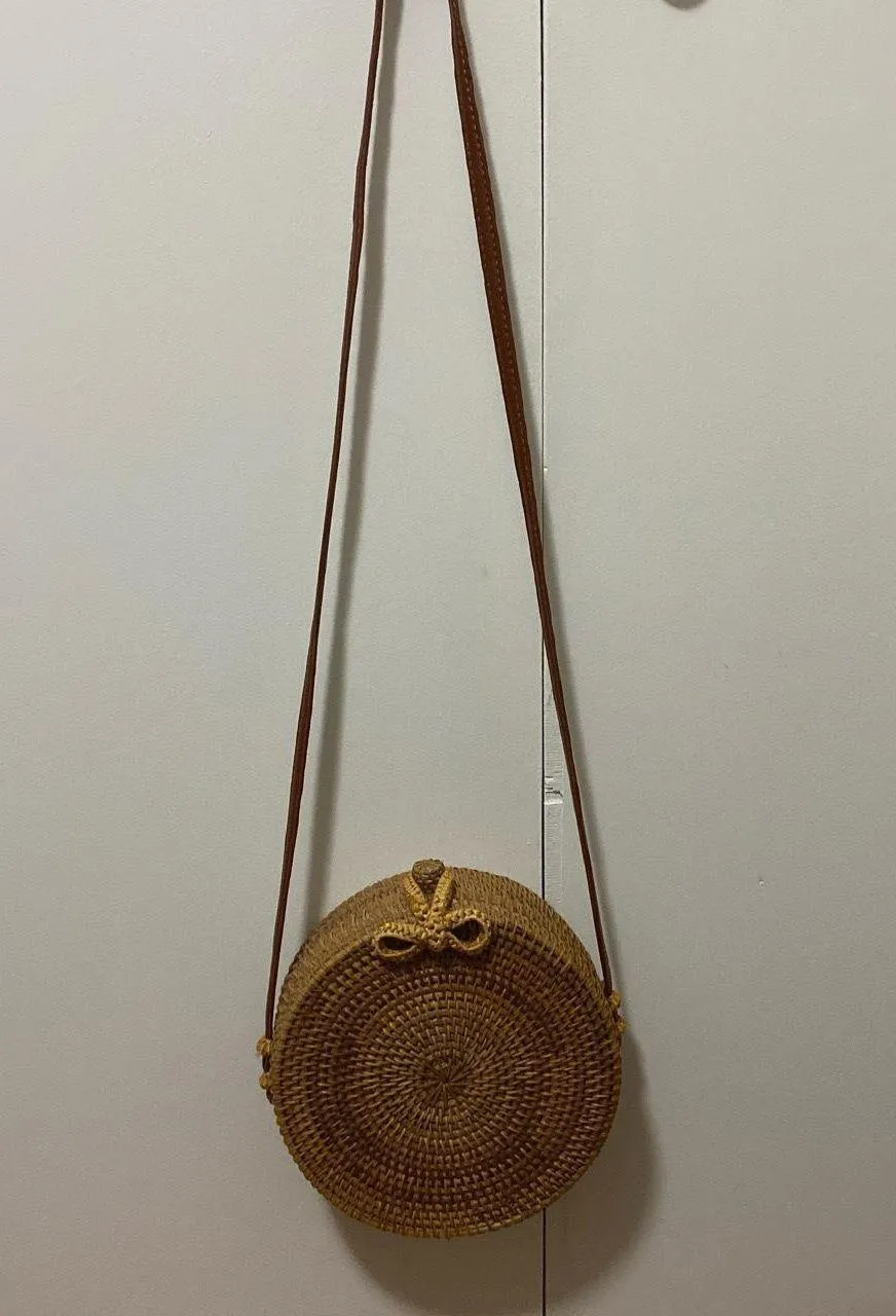 Vintage Handwoven Round Rattan Purse Brown - Image 2