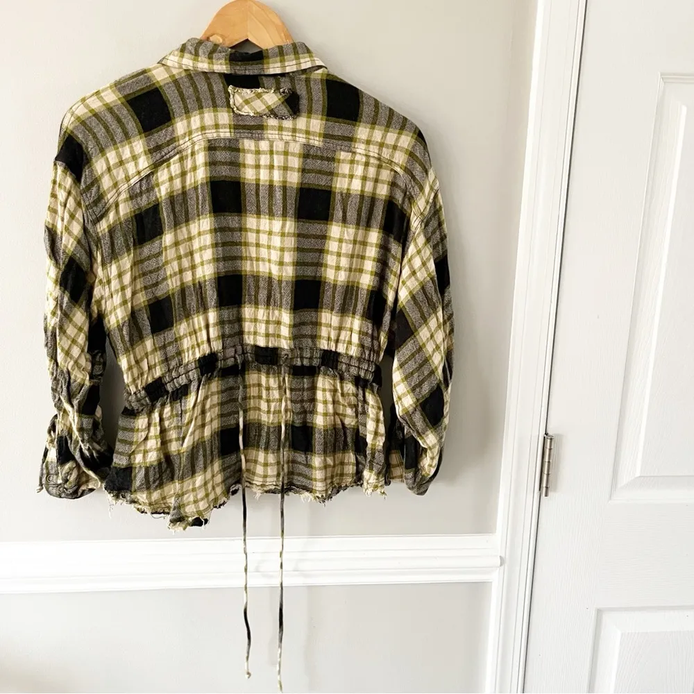 Free People Black Plaid Ruched Sleeve Pacific Dawn Button Down Shirt Size Medium - Image 6