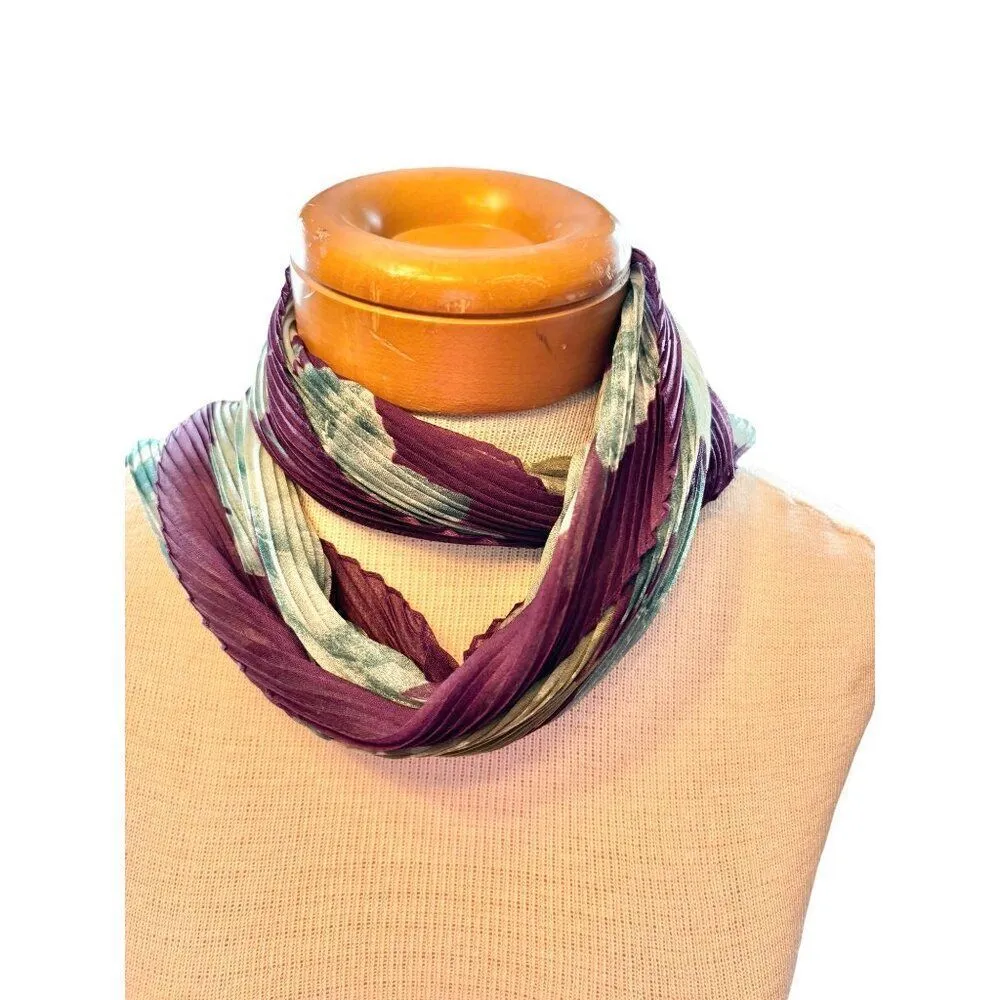 Vintage Floral Pleated Silk Scarf Purple & Green 26" x 26" - Image 2