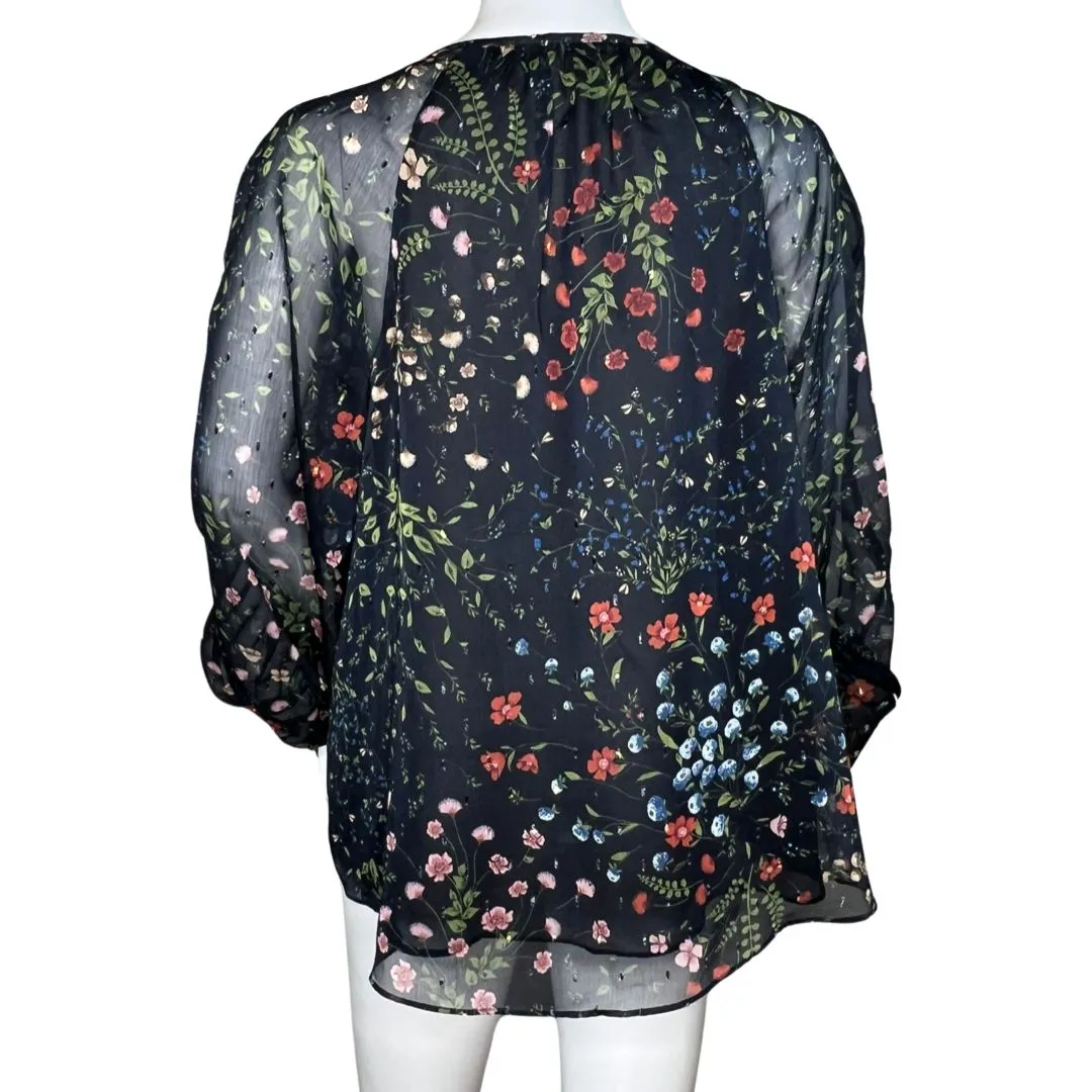 Joie Shirt Womens Medium Black Pink Floral Cinched Square Neck Chiffon‎ Casual - Image 4