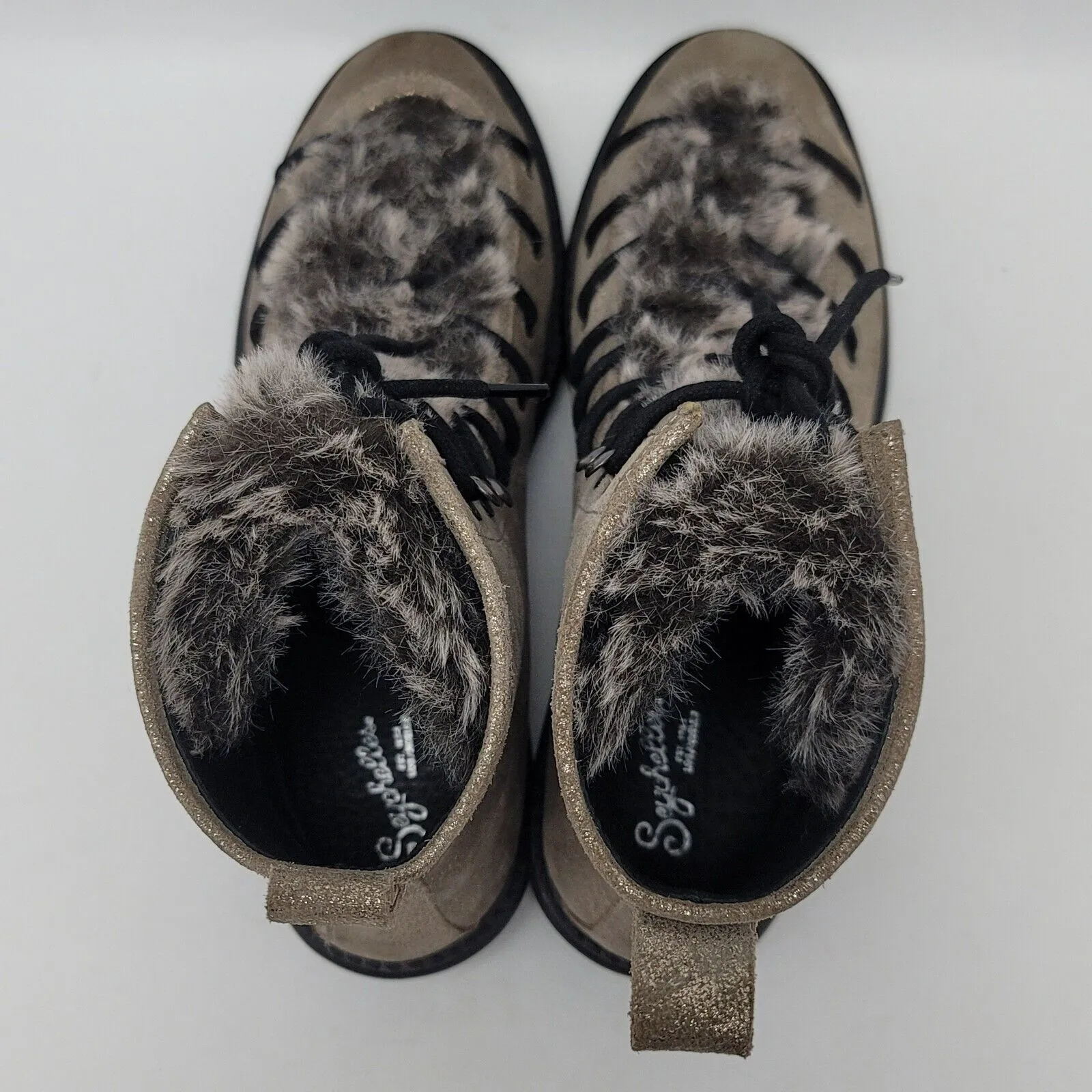Seychelle Gold Metallic Resource Faux Fur Suede Lace Up Combat Snow Boots Size 9 - Image 3