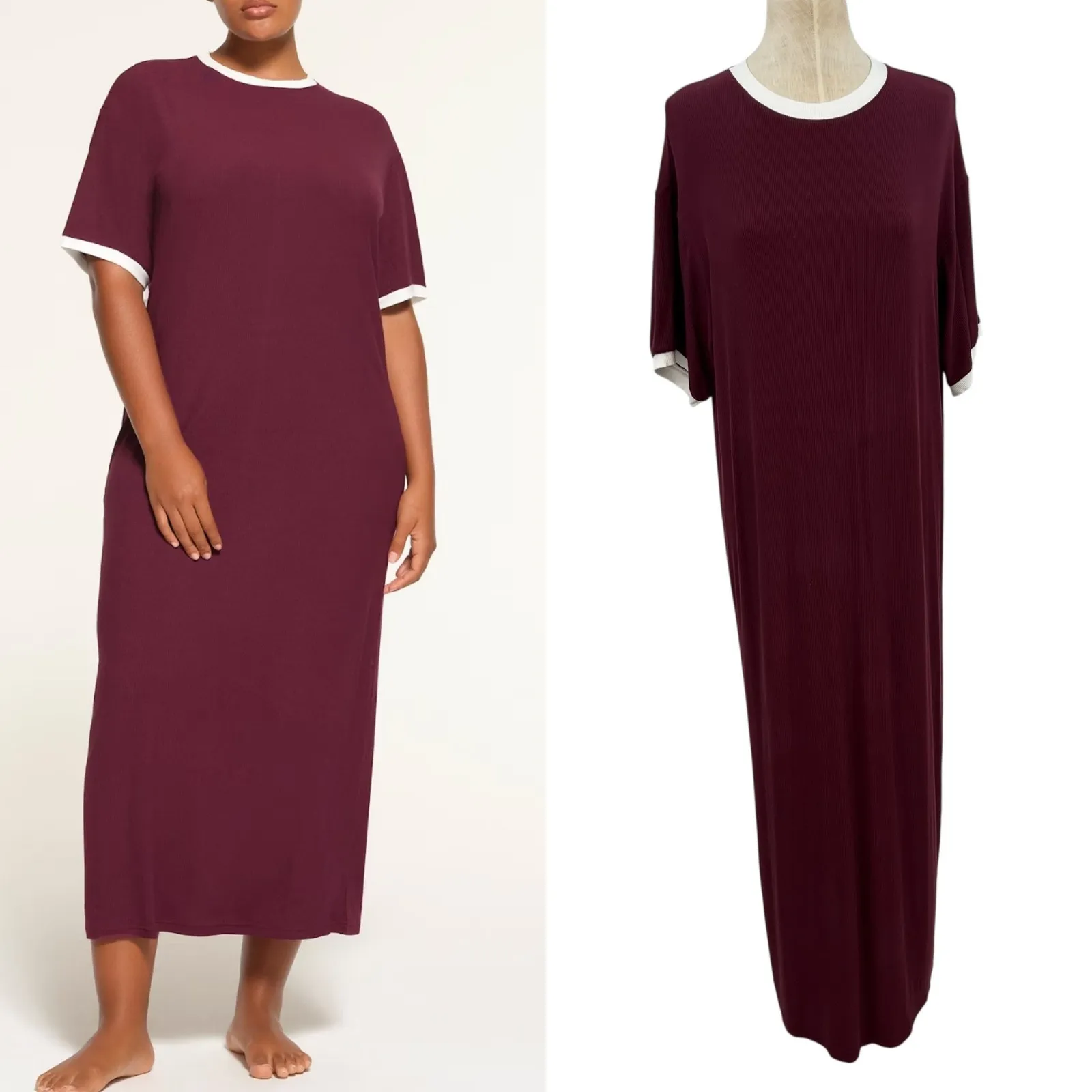 Skims Soft Lounge Ringer T-Shirt Long Dress Maxi‎ Maroon Red Size Small - Image 2