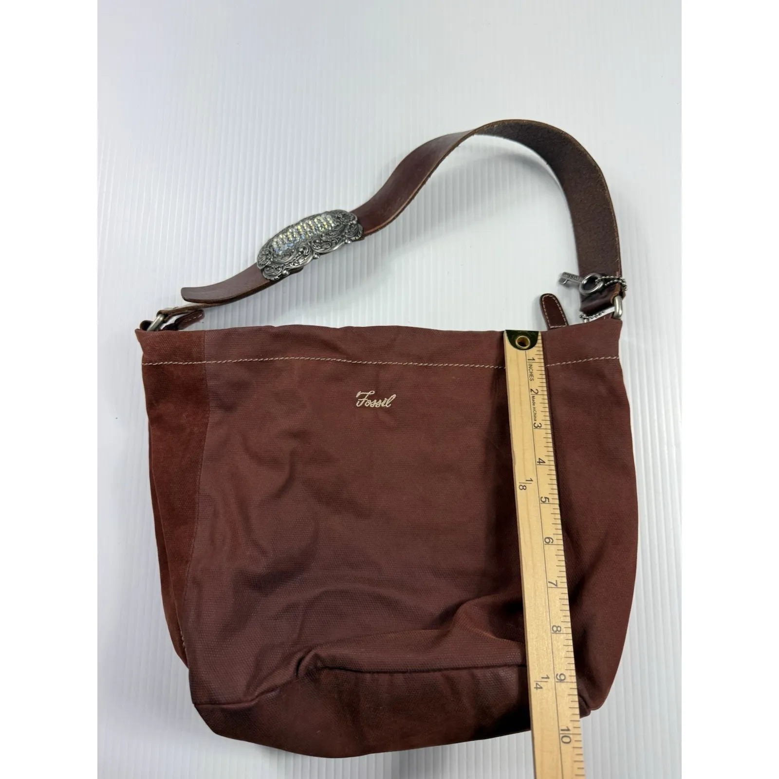 Fossil 1954 Corduroy‎ Purse Shoulder Bag Leather Accents Bling Strap - Image 3