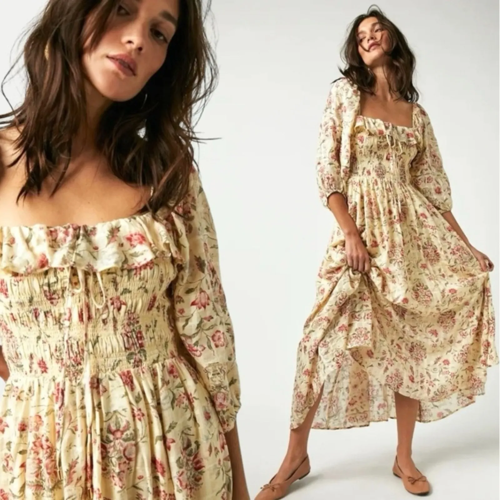Free People Ethereal Oasis Printed Midi Dress Ivory Bohemian Cottage Size XS - Image 2