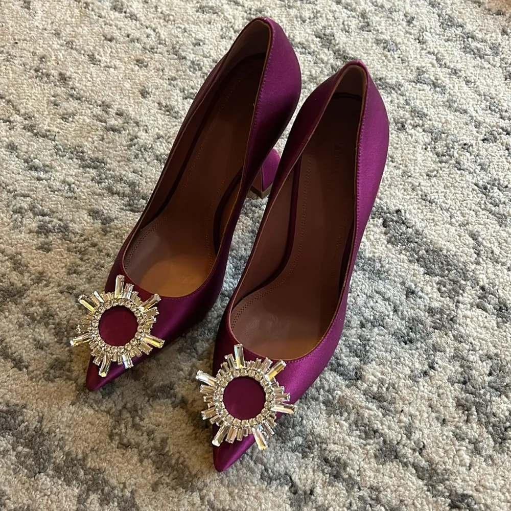 Amina Muaddi  Begum Brooch Pointed Toe Satin Pumps size 37 - Image 2
