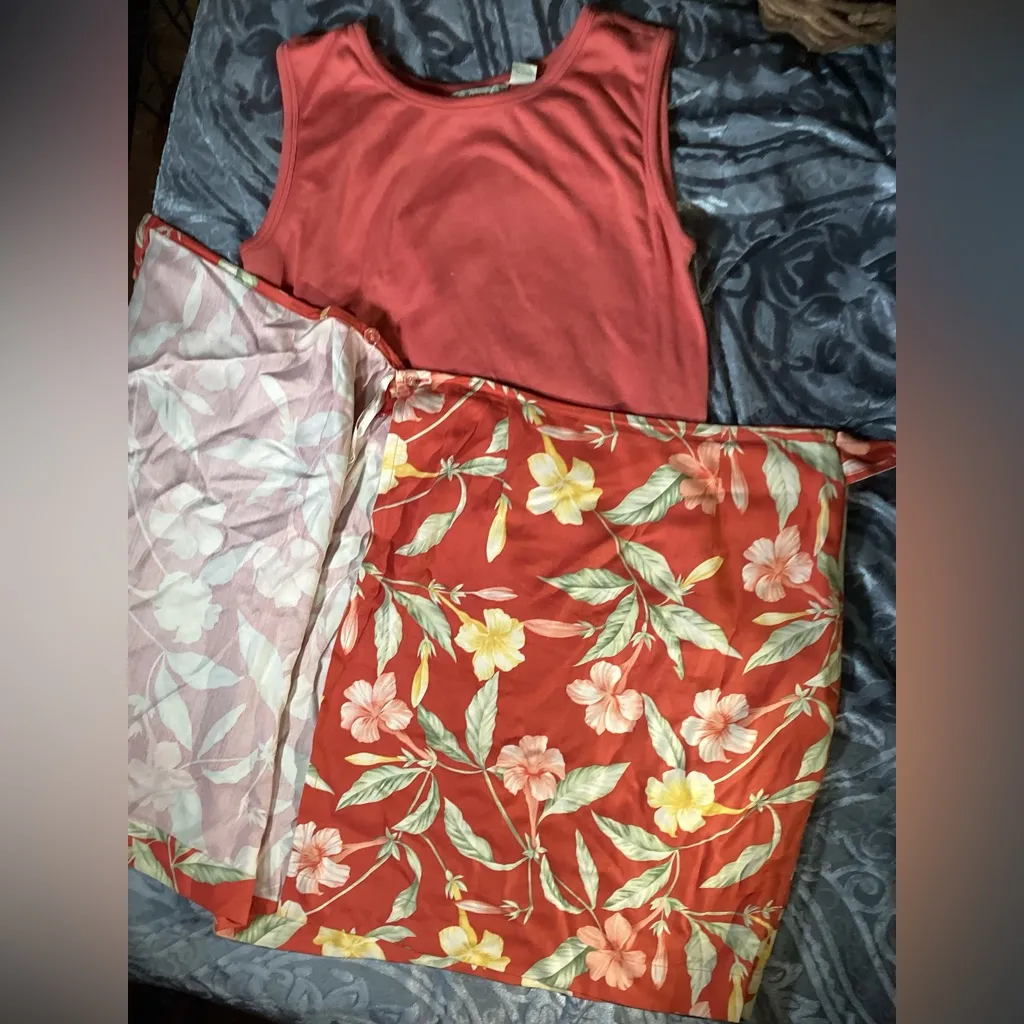 Vintage Tommy Bahama Burnt Orange Floral Print Silk Wrap Skirt & Silk Mix Tank L - Image 12