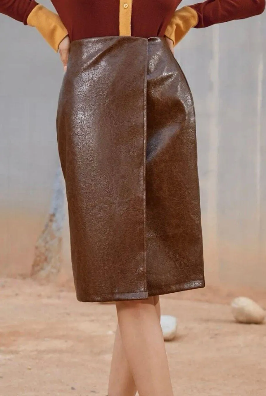 High waist PU leather wrap skirt Brown Size M - Image 2