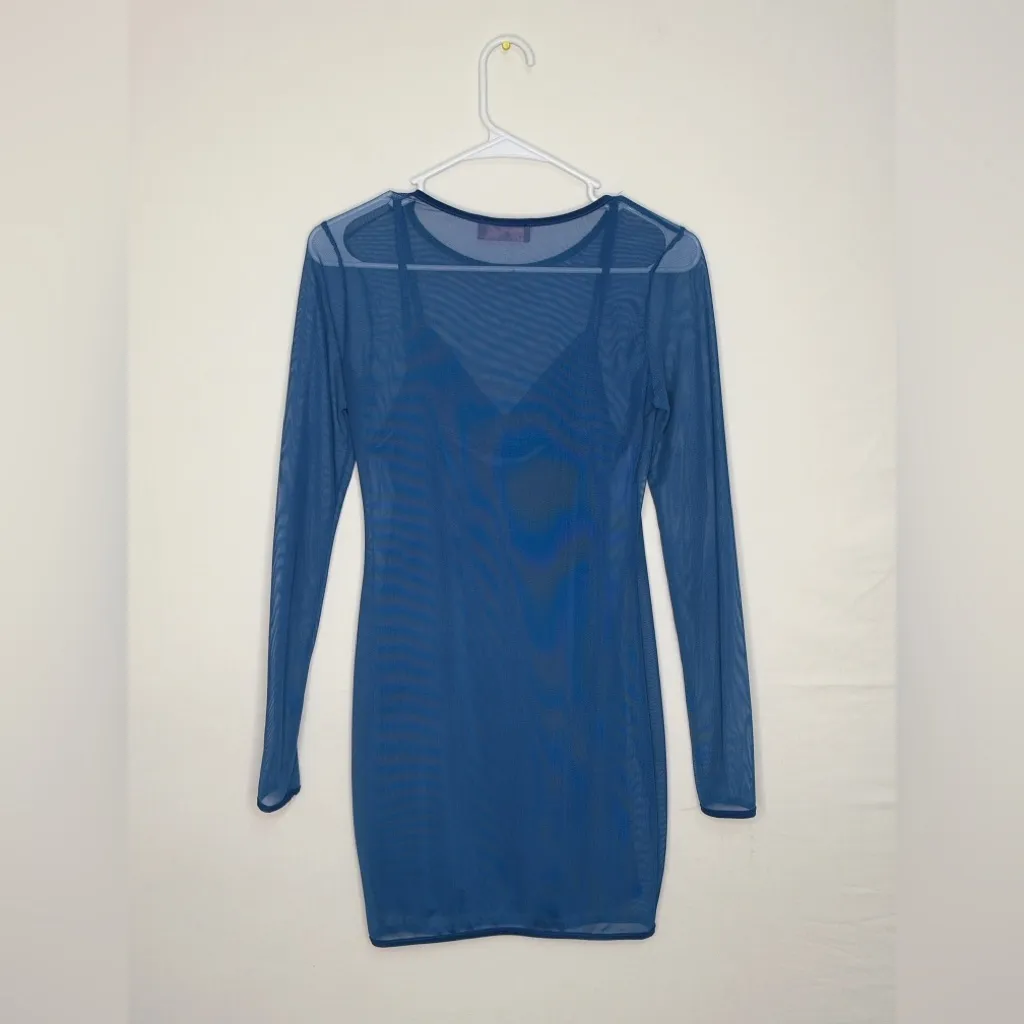LUX LA Blue Mesh Overlay Dress Set Slip Dress Long Sleeve Size M Stretch(E17) - Image 3