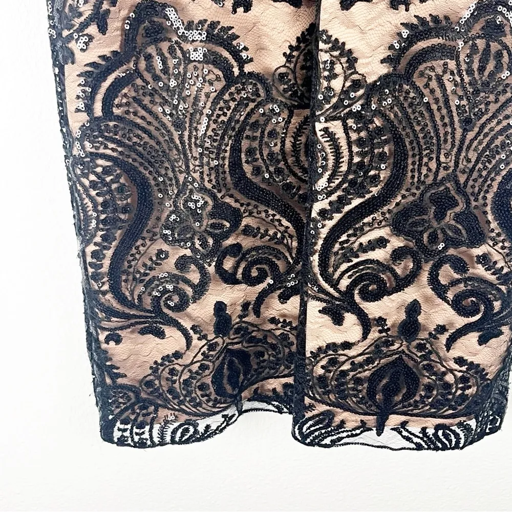 FREE PEOPLE Night Shimmer Black V-Neck Lace Sequin Overlay  Mini Dress, Size 6 - Image 2