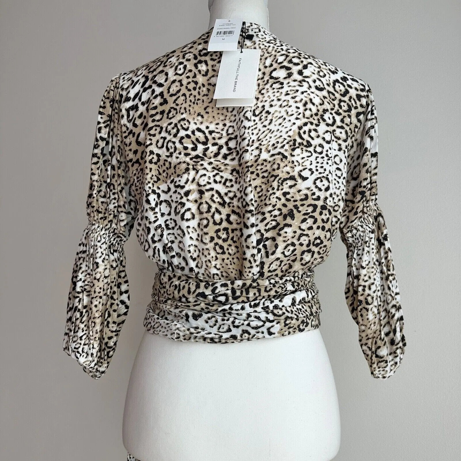 Faithfull The Brand Wrap Blouse Leopard Beige Cropped Tie Waist Revolve US 6 NWT - Image 9