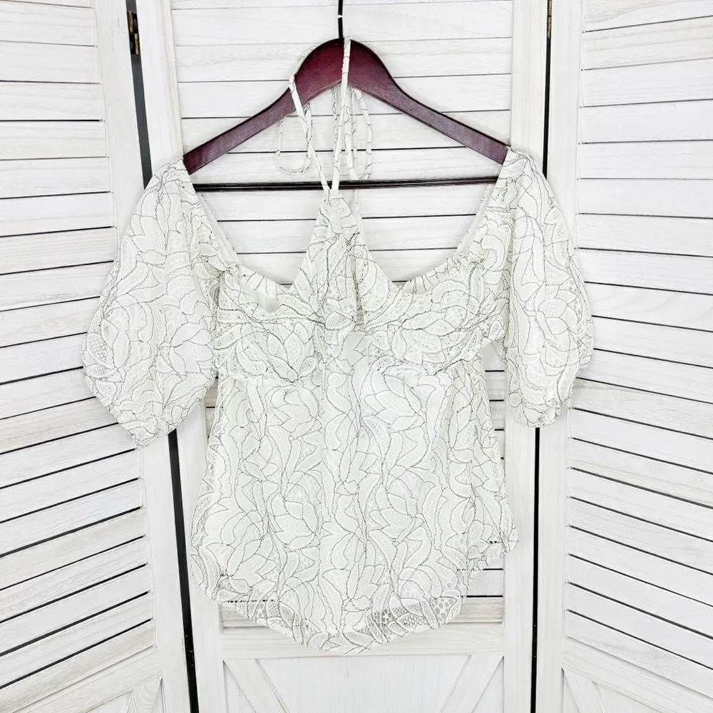 Beau Tissu Lace Cold Shoulder Puff Sleeve Halter‎ Blouse White Black Small - Image 8