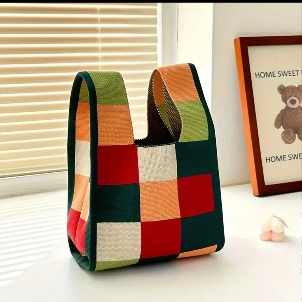 Colorblock Plaid Knitted Style Korean Style‎ Aesthetic Knotted Wrist Bag Woven - Image 7