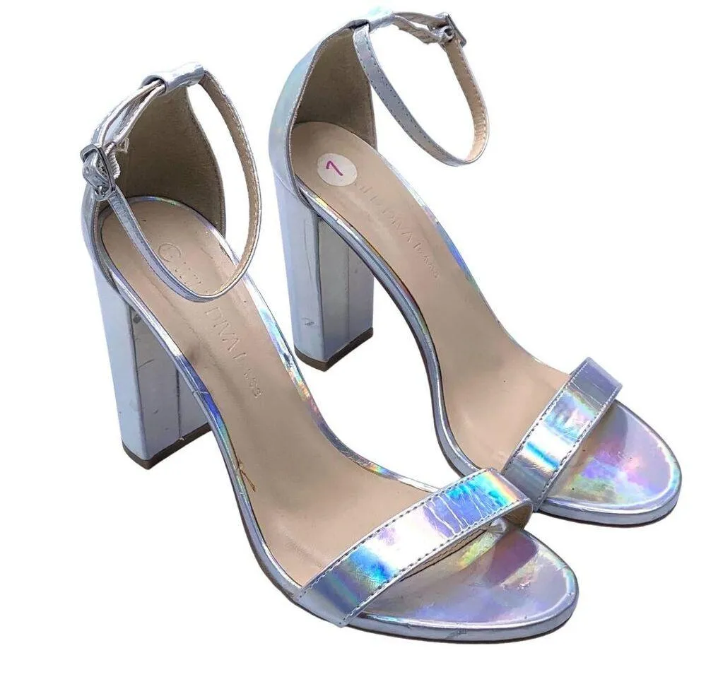 Wild Diva Silver Holographic Heeled Open Toe Sandals 7 Party Ankle Strap Buckle - Image 6