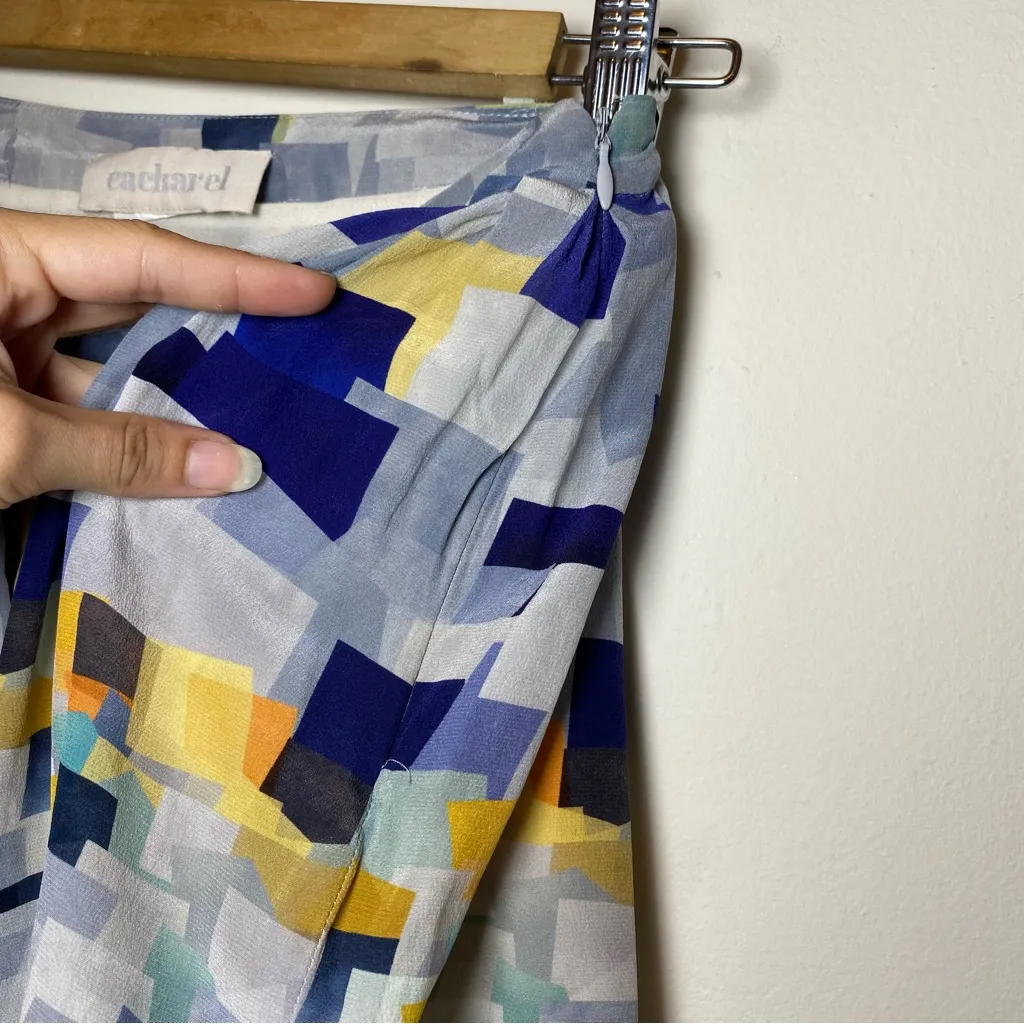 Cacharel Vintage Colorblock Geometric Print Pleated Silk Knee - Image 8