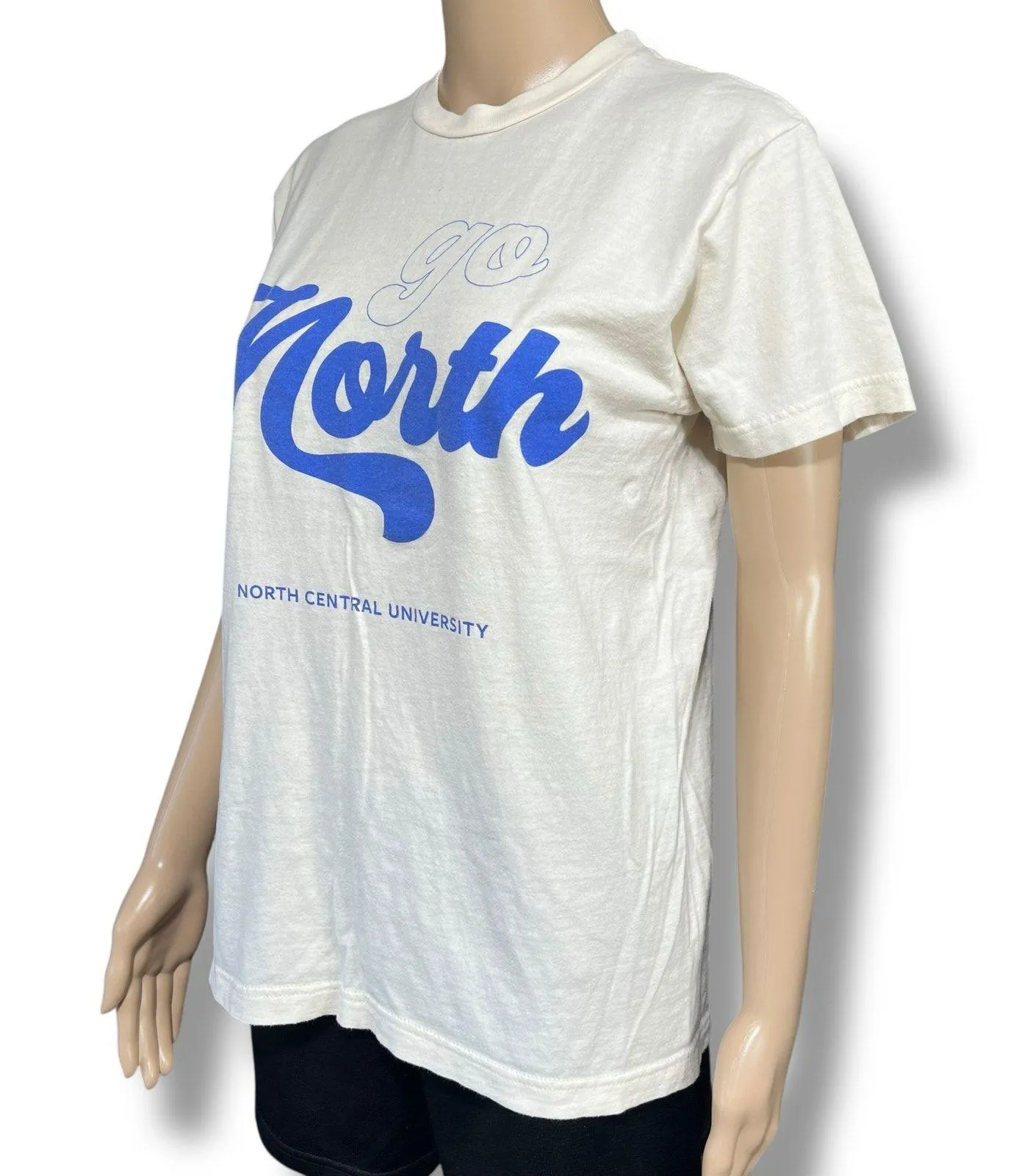 North Central University Womens T Shirt Top Go North Short Sleeve Beige Blue Med - Image 5