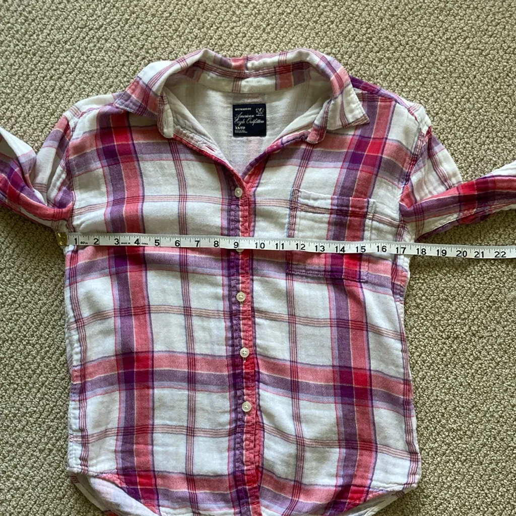 American Eagle Boyfriend Fit Flannel Plaid Button Down Oversized Shirt XS VEUC - Image 4