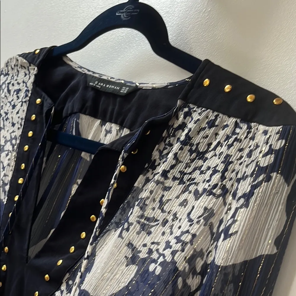 Zara | Sheer Navy White Gold Floral Blouse XS - Image 4