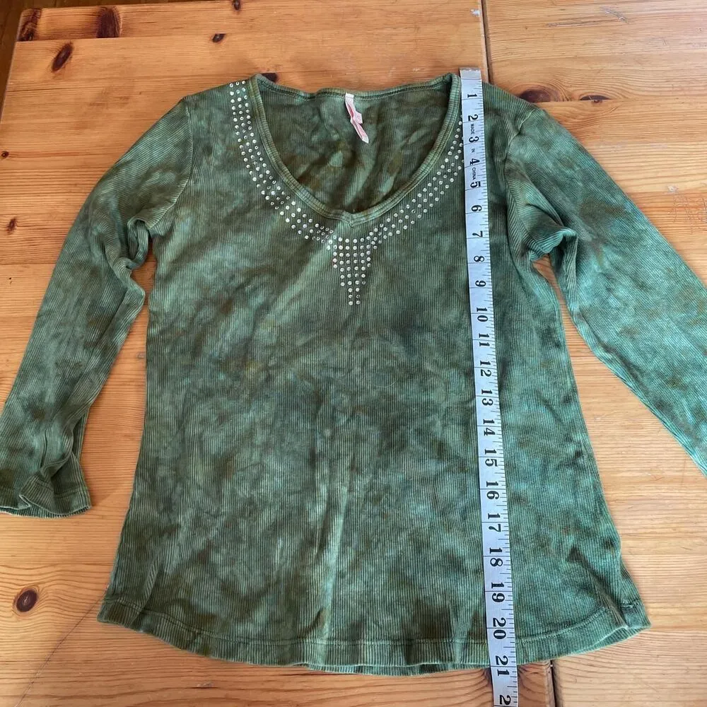Y2K Women's Green Tie Dye Bedazzled 3/4 Sleeve Shirt sz XS - Image 5