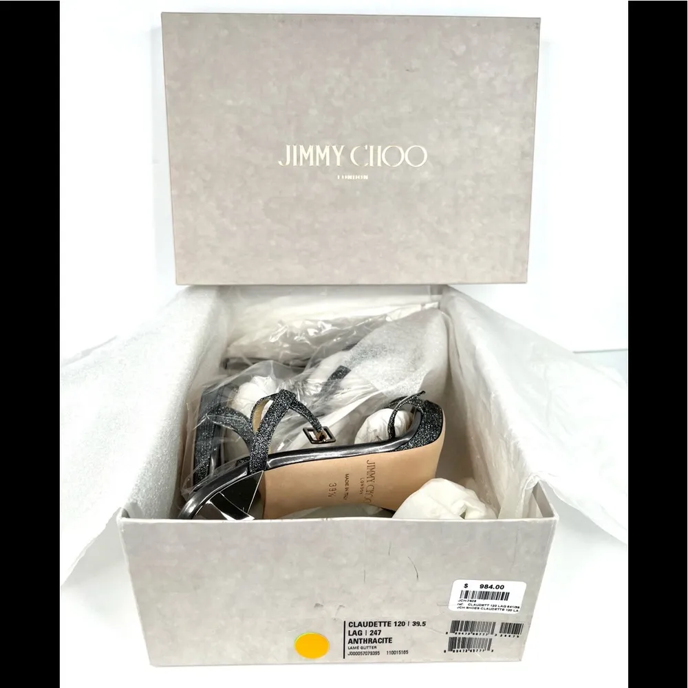 Jimmy Choo Claudette Lamé Glitter Platform 120mm Sandals Anthracite Size EU 39.5 - Image 2