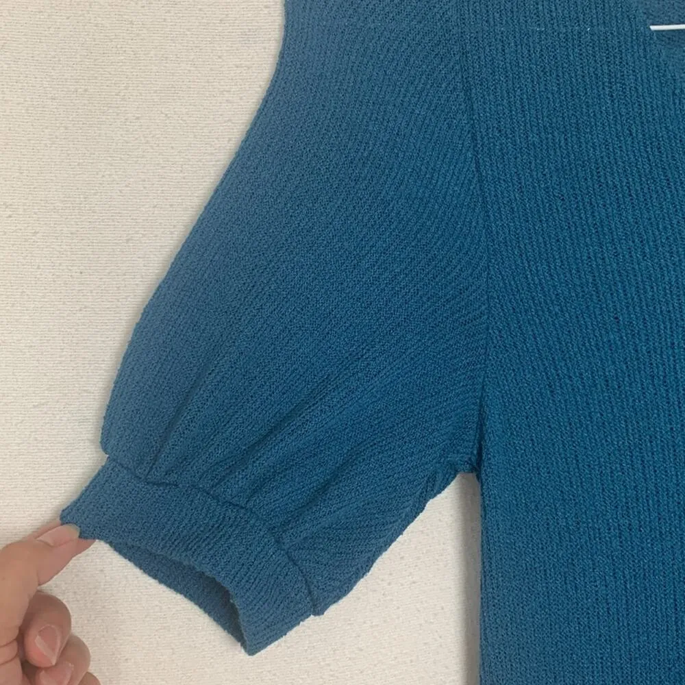 FP Beach women's size small blue knit Montauk midi sweater dress v neck puff sle - Image 6