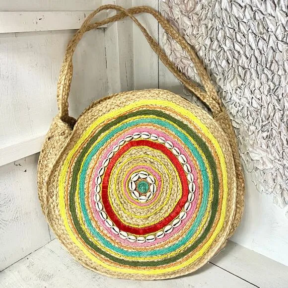 NEW Muche Muchette Milagro Braided Straw Round Shoulder Handbag Beige One Size - Image 1