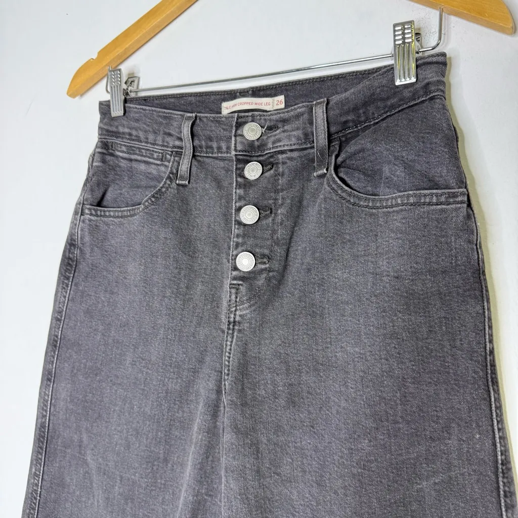 Levi’s Mile High Cropped Wide Leg Jeans W26 L27 Black High Rise Button Fly - Image 3