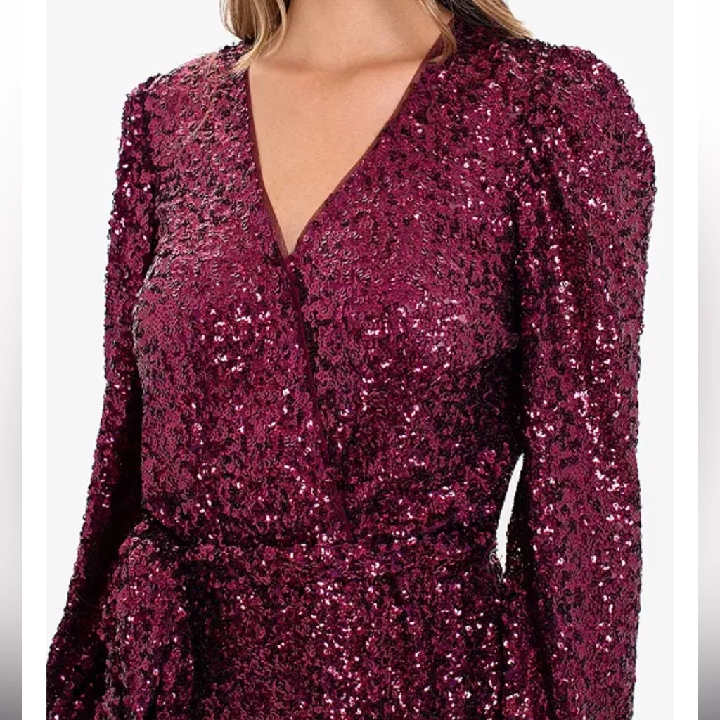 Betsy & Adam Sequins Long Sleeve Belted Mini Dress Sangria Red 10 - Image 3