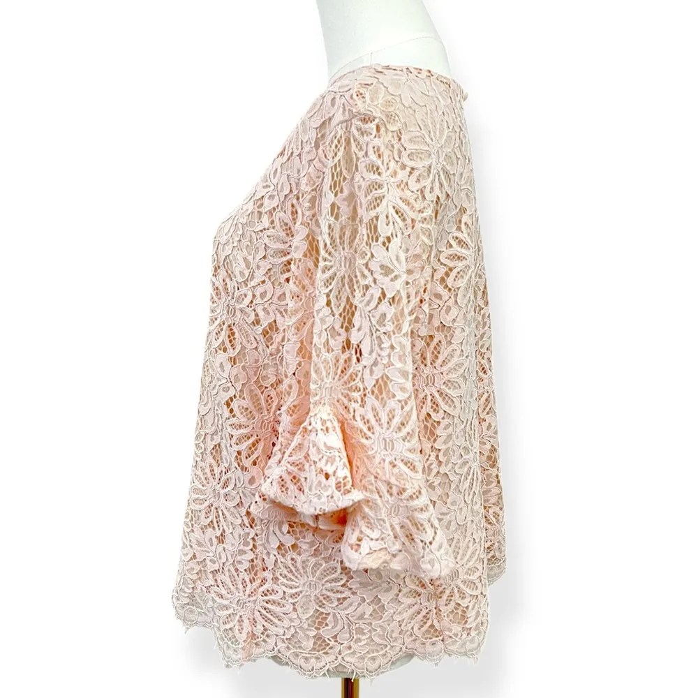 Nanette Lepore Floral Lace Crew Neck Bell Sleeve Top Shirt Large Light Pink - Image 8