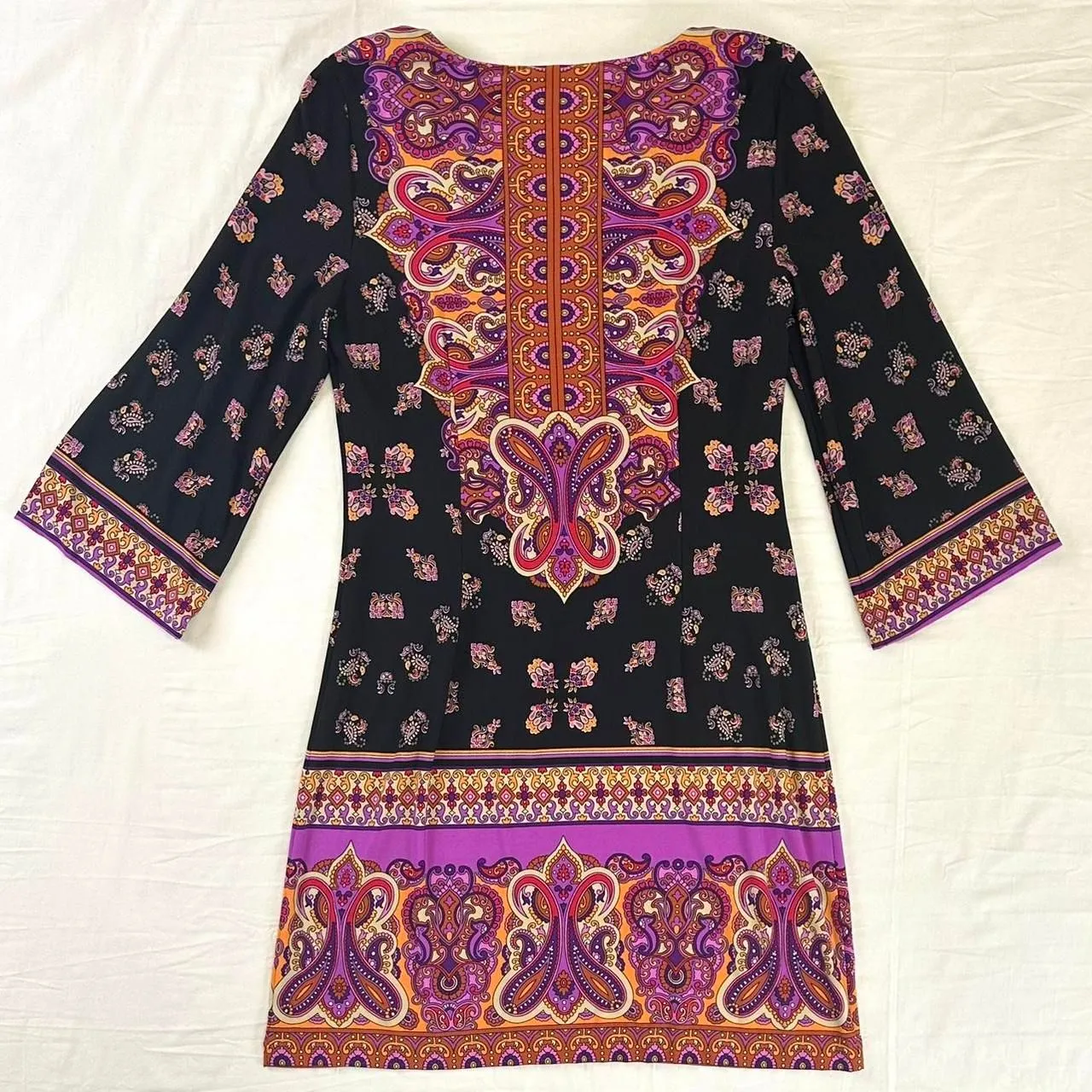 Muse Black Orange Purple Paisley Gemstone Mini Dress Flare Sleeve Boho‎ Hippie 8 - Image 5