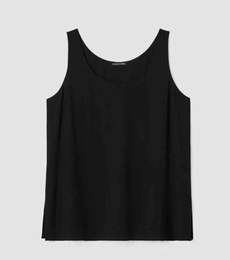 Eileen Fisher Silk Georgette Crepe Ballet Neck Tank Small Basic Black Tank Top - Image 3