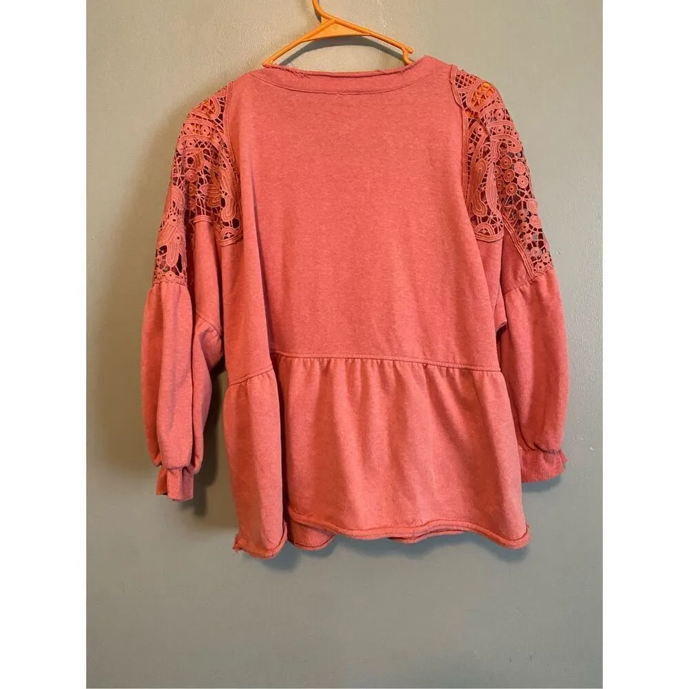 Cato Peplum Raw Hem Lace Detail Shoulder V Neck  Long Sleeve Top Size XL - Image 4