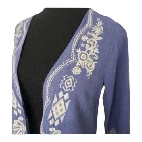 Blue Linen Cardigan Women Size S Floral Embroidered Casual Summer Open-Front - Image 7