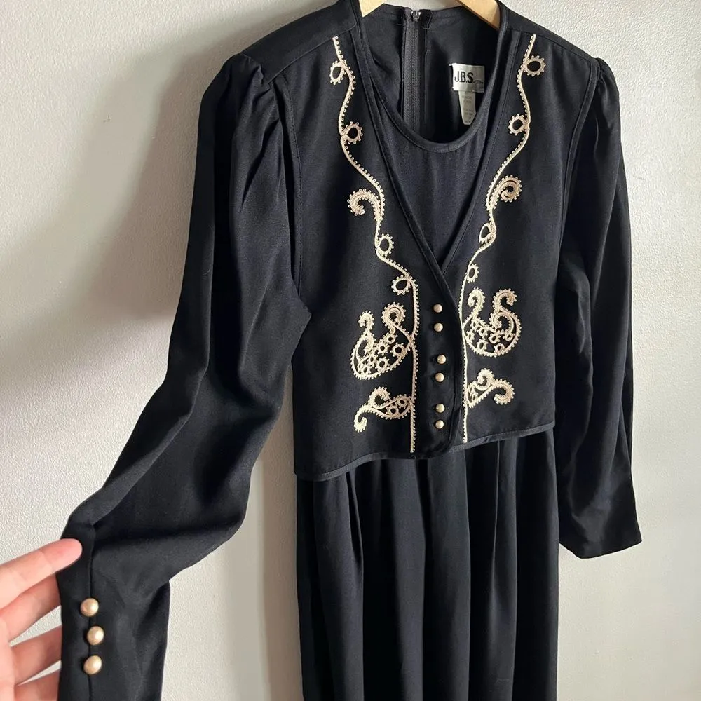 Vintage 80s Gothic Western Black Pearl Embroidered Midi Dress JBS LTD 12P Size 12 - Image 5