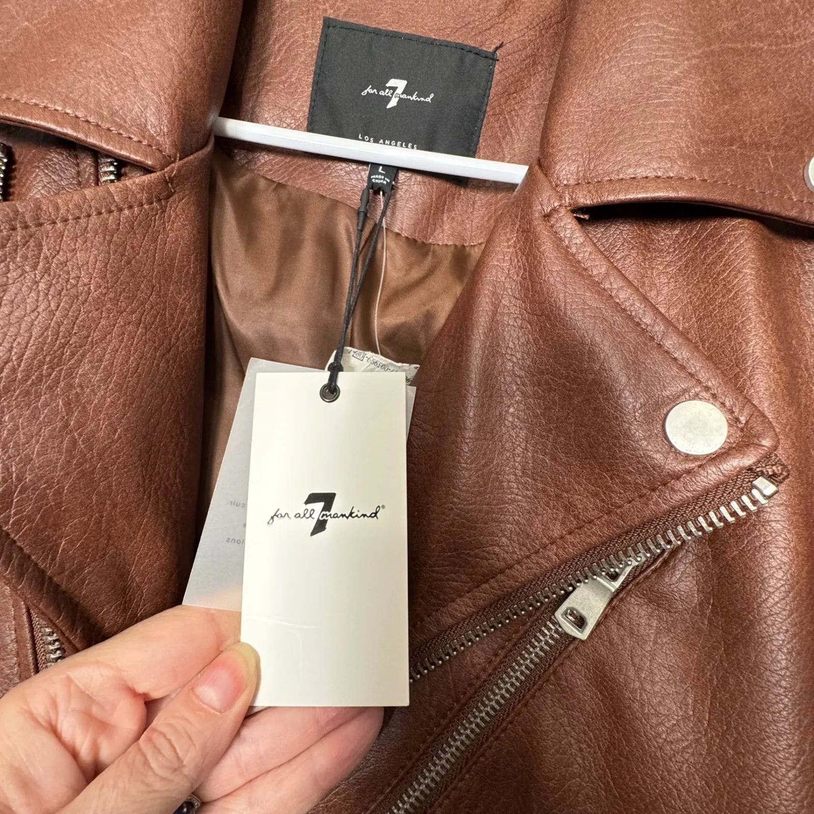 7FAM Faux Leather Moto Jacket Brown Asymmetrical Zip Women L Biker Chic PunkRock - Image 4