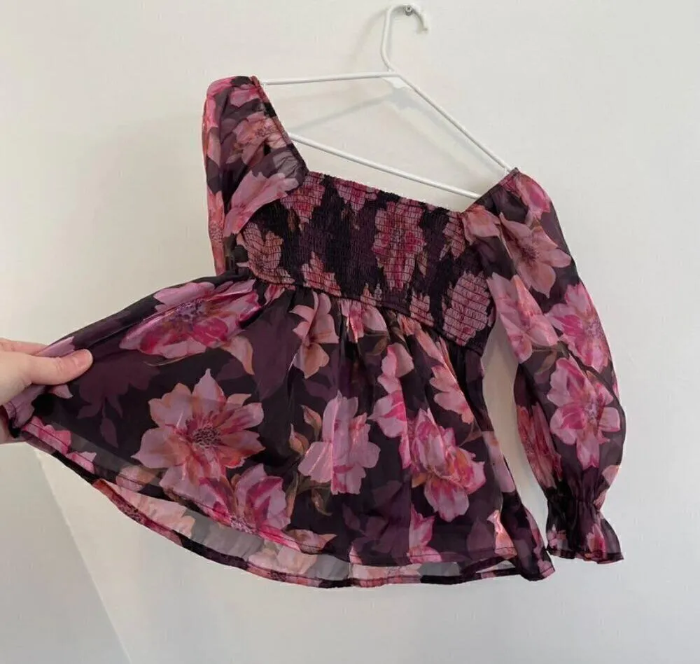 THIRTY THIRTY LA Plum Purple Pink Floral Shiny Square Neck 3/4 Sleeve Blouse S - Image 14