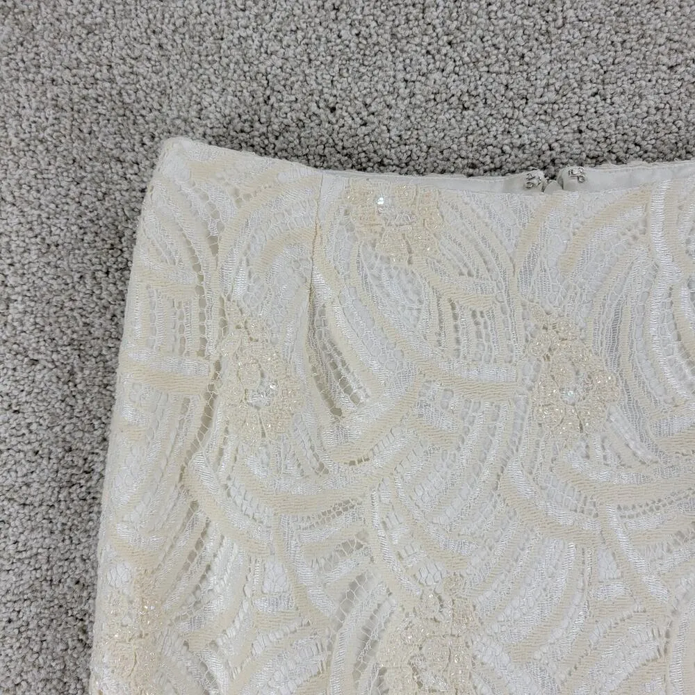 Carmen Marc Valvo Signature Lace and Beaded Skirt Womens 4 Ivory Overlay Knee - Image 12