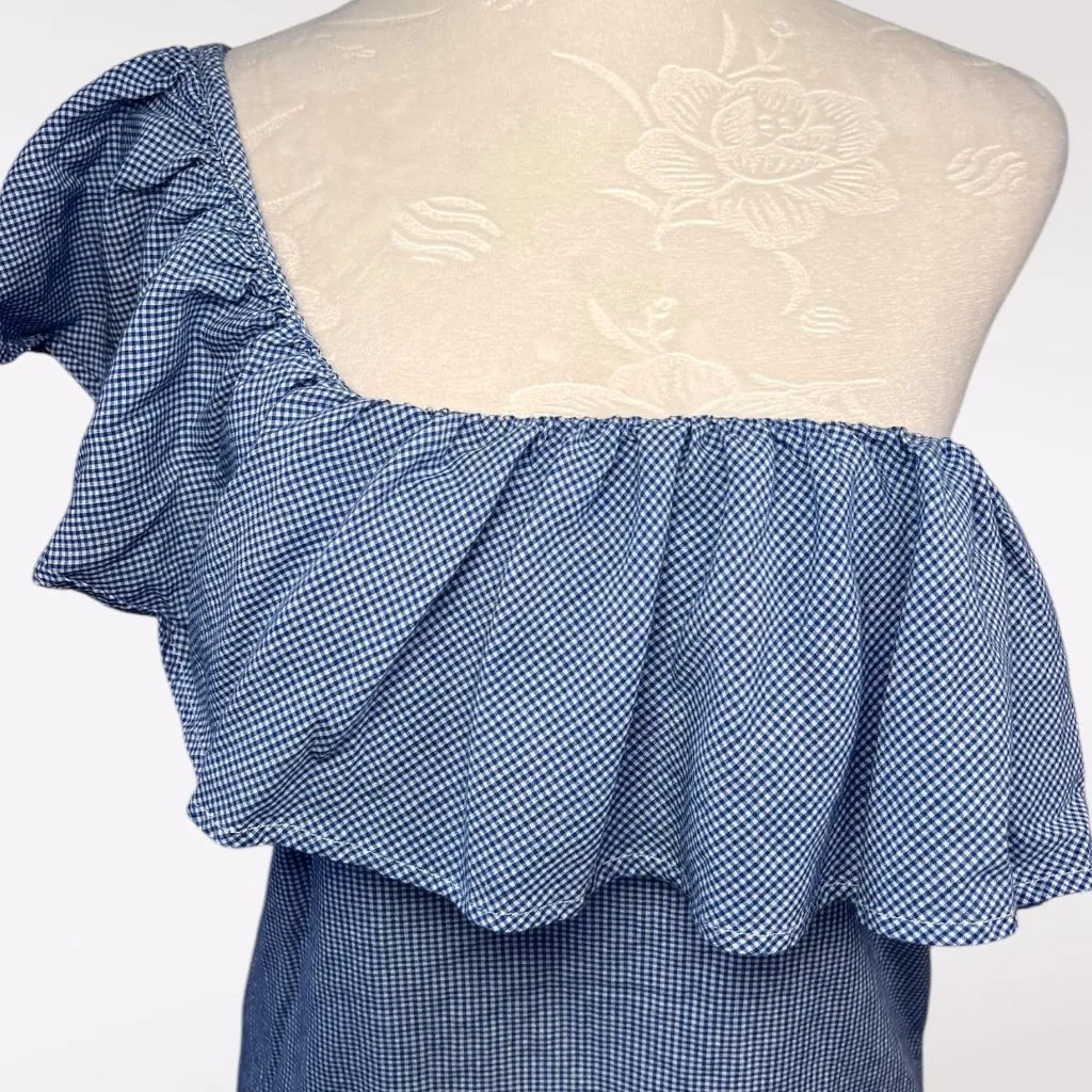 Joe’s Collection One Shoulder Ruffle Gingham Top Blue White Size Small - Image 2