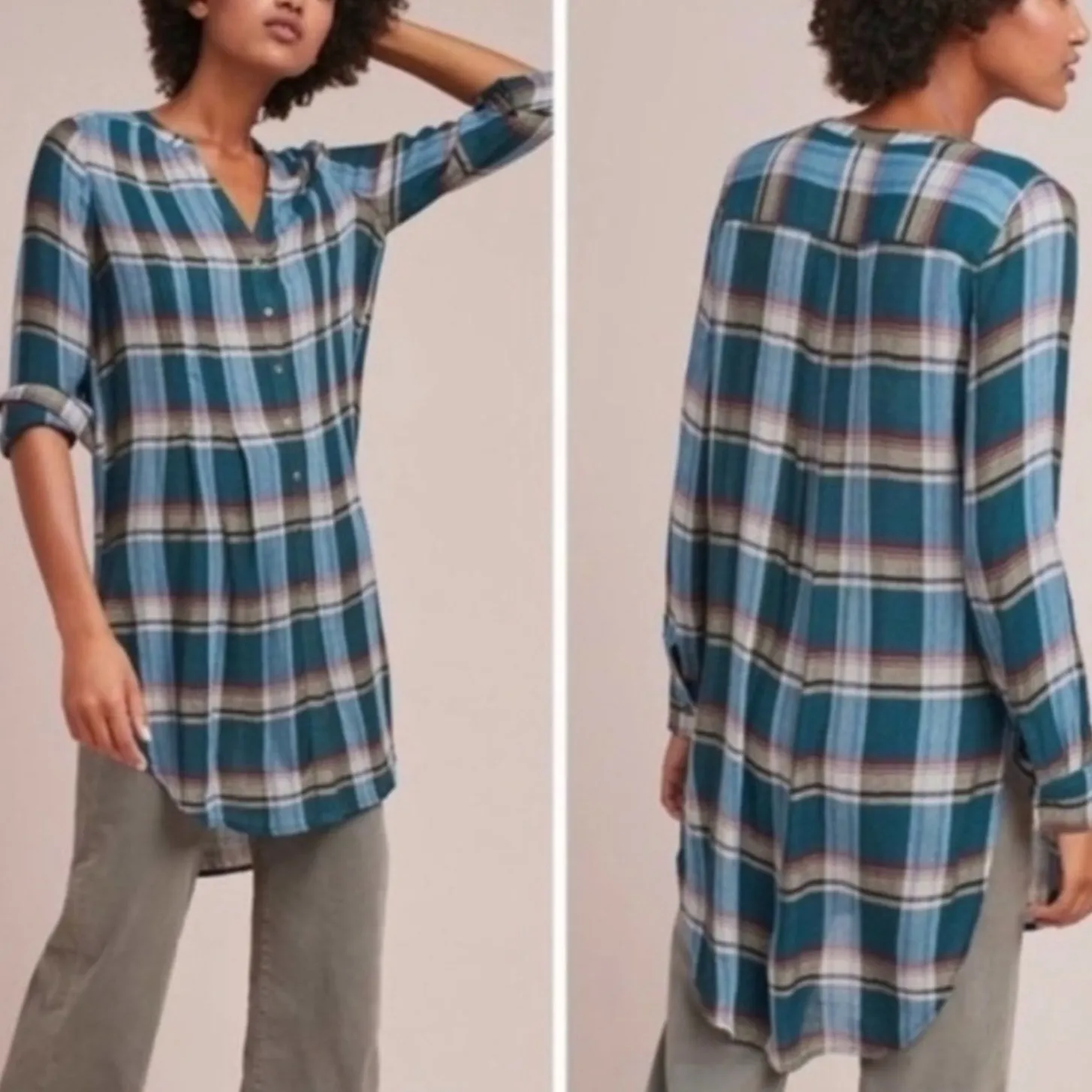 Anthropologie Akemi + Kin Lucie Blue Green Flannel Plaid Tunic Shirt, EUC, Small - Image 2