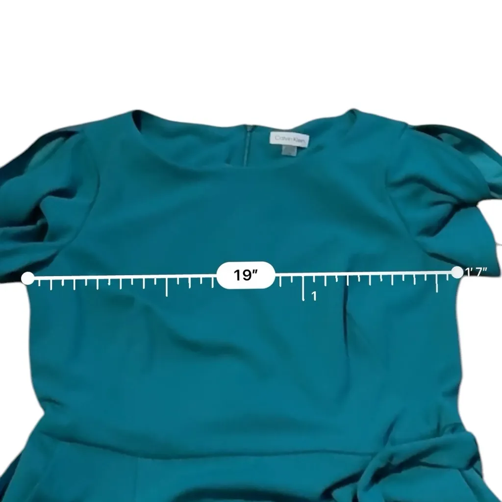 Calvin Klein Short Tulip Sleeve Tie‎ Waist Cropped Jumpsuit in Teal Blue Green - Image 9