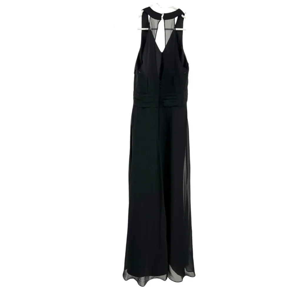 Azazie chiffon pleated black A2 keyhole mesh back slit floor length vneck halter - Image 2