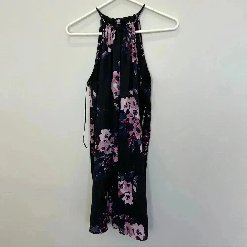 LuLus Filled With Love Black Satin Floral Print Halter Swing Dress S - Image 3