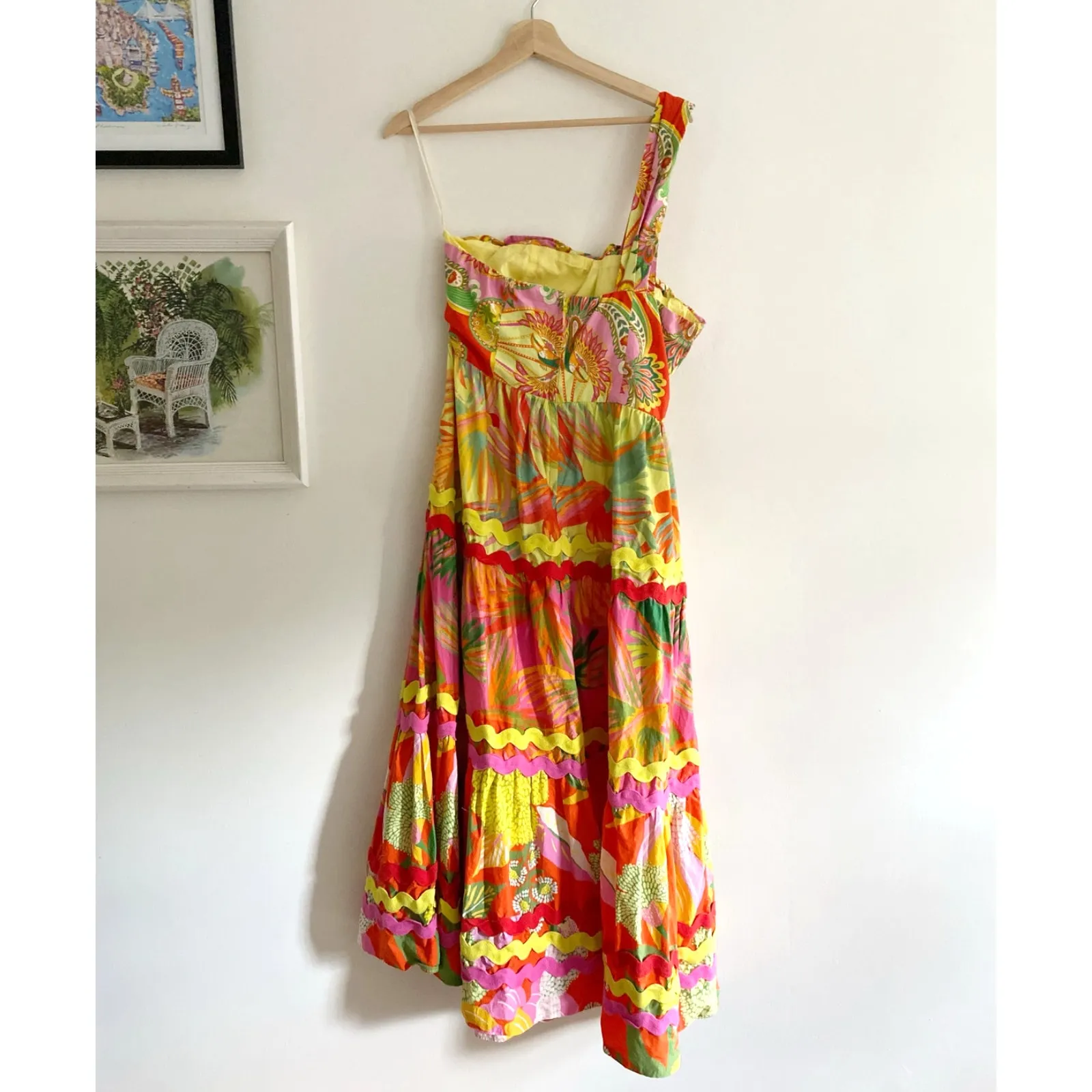 Farm Rio  One Shoulder Yellow Multi Tiered Maxi Dress Size Large - Image 7